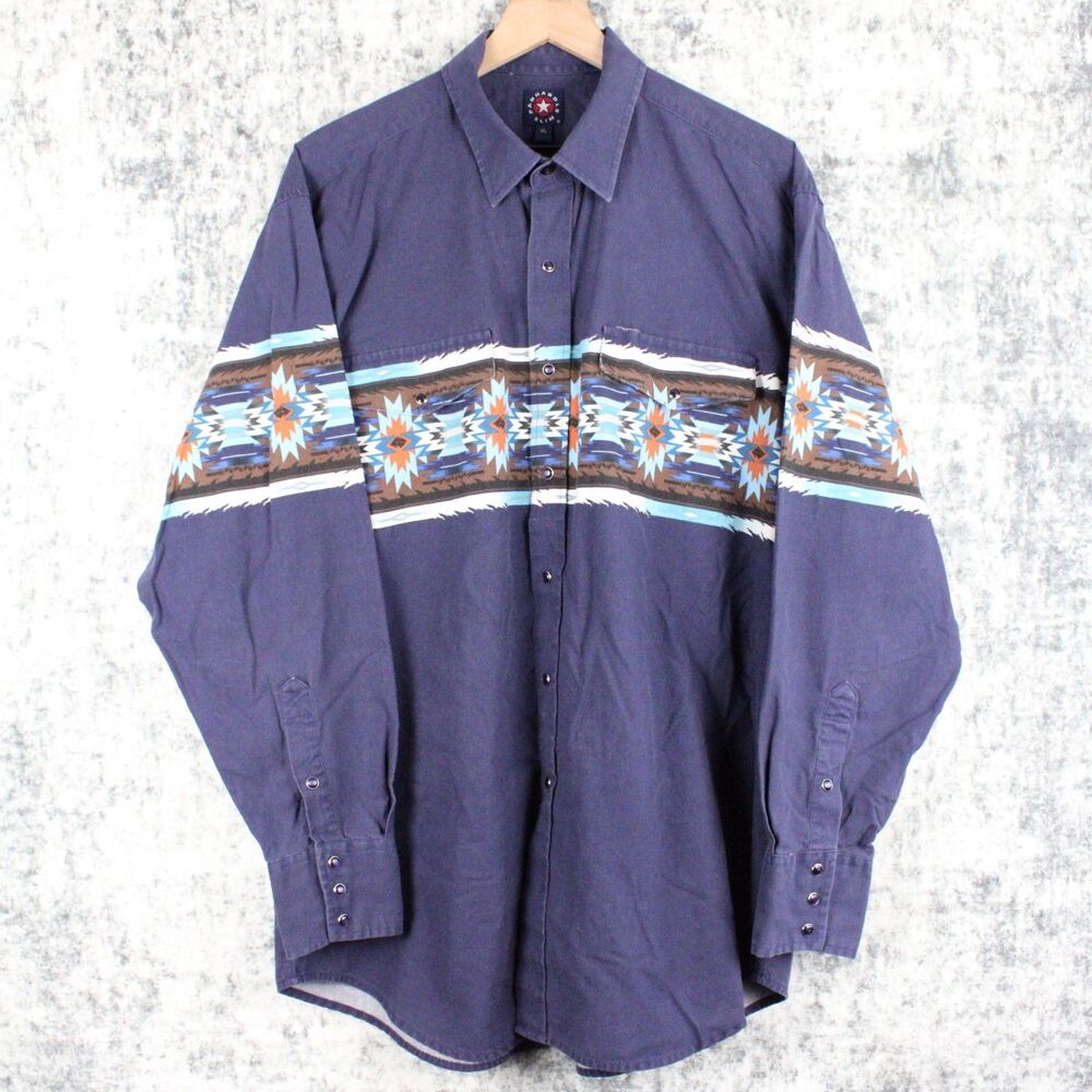 Panhandle Slim Mens XL Blue Aztec Pearl Snap Western Shirt Southwestern